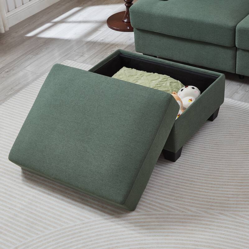 L Shaped 3 Seats Sofa with Armrest Organizer, Linen Sectional Sofa with Movable Ottoman, Comfy Upholstered 3 Seater Couch,