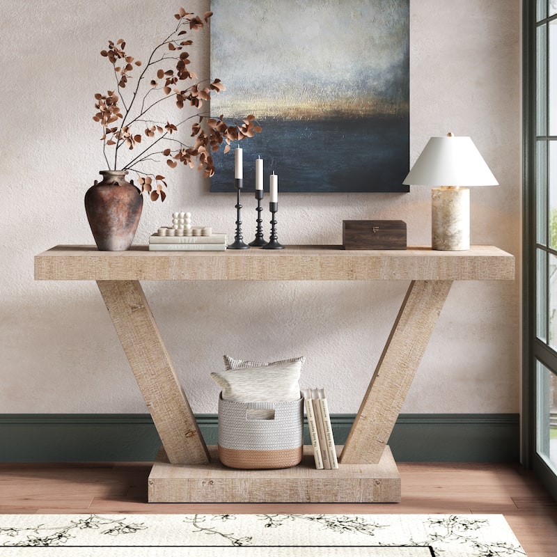 Roomfitters 60" Farmhouse Entryway Bench, Distressed Wood Storage Cabinet with 2 Tiers for Hallway - Antique Natural