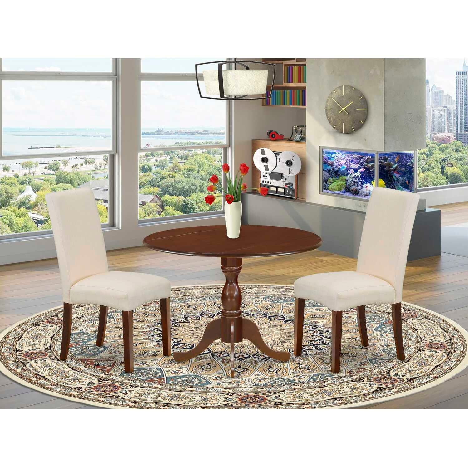 3-Piece Mahogany Finish Solid Wood Top Upholstered Dining Room Set (Seats-4)