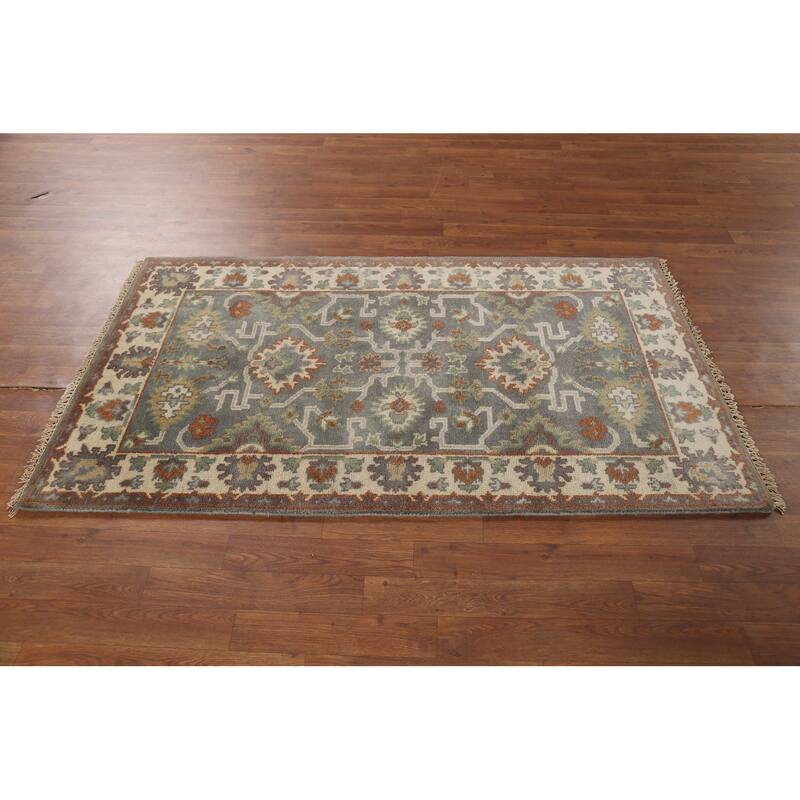 Gray Oushak Indian Accent Rug Hand-Knotted Transitional Wool Carpet - 3'2"x 5'6"