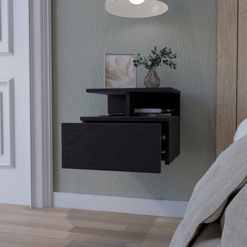 1-Drawer Floating Nightstand with Wall-Mounting and 2-Tier Shelf
