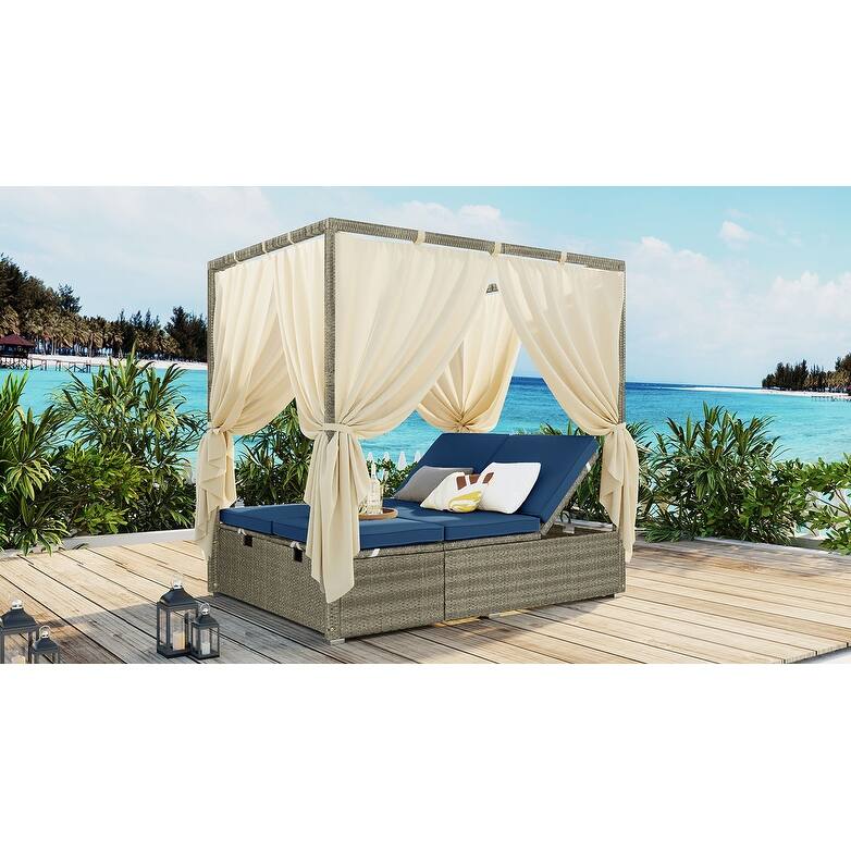 Outdoor Rattan Canopy Daybed Sunbed with Curtain & Adjustable Seat