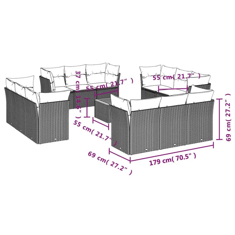 vidaXL Patio Sofa Set with Cushions Outdoor Furniture 13 Piece Poly Rattan - 21.7 x 21.7 x 14.6