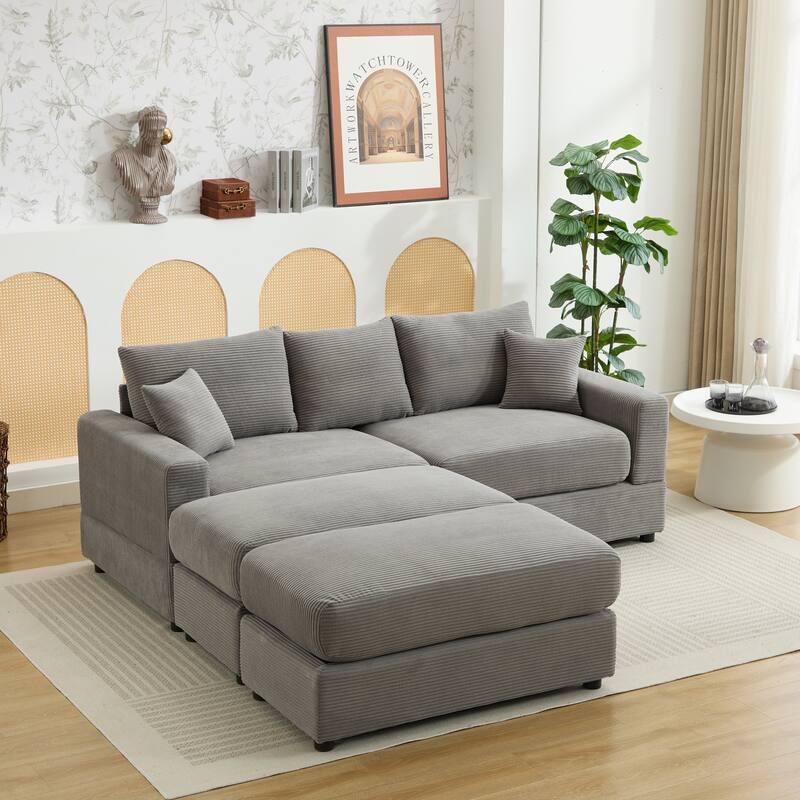 2 Pieces Corduroy Sectional Couch Covers with 2 Pillows, Grey