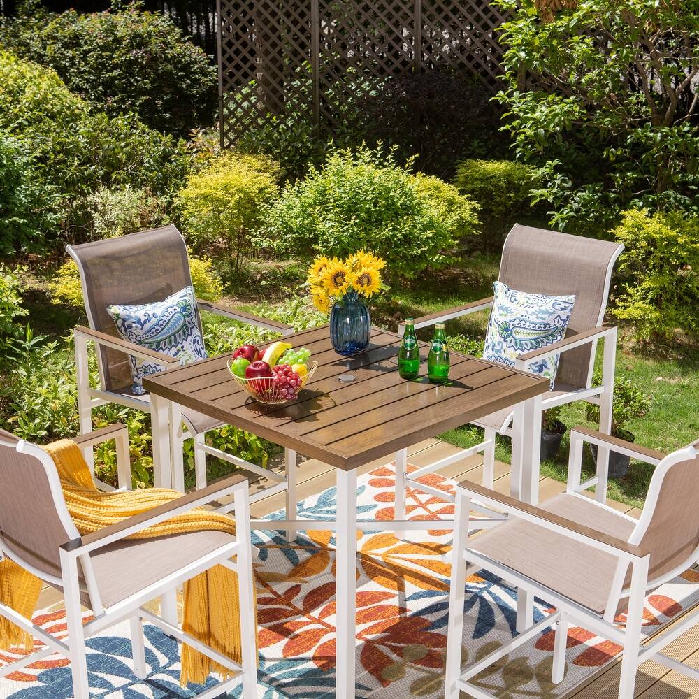 Outdoor 5-piece Bar Set Teak-grain Table Textilene Fixed Bar Stools