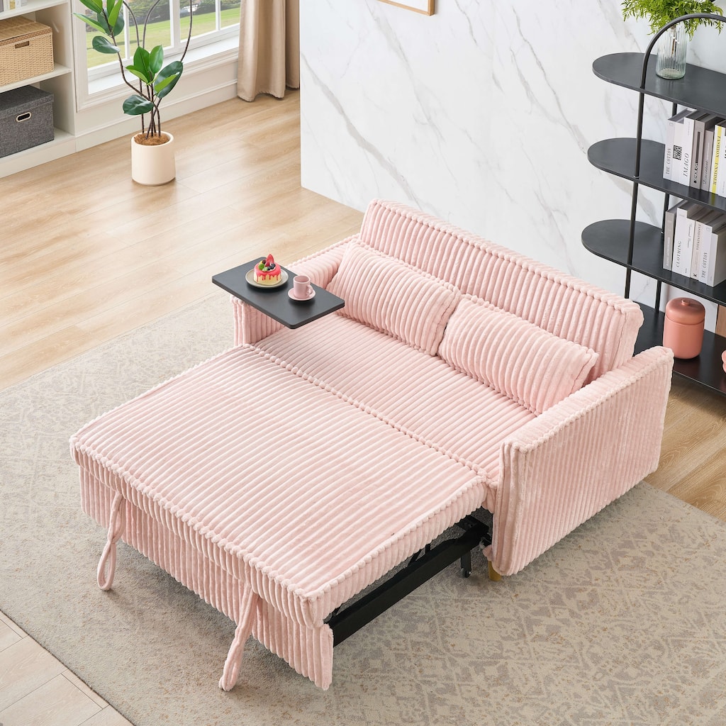 Pink Corduroy Pull-out and Push-in Sofa with Movable Tabletop and USB Ports