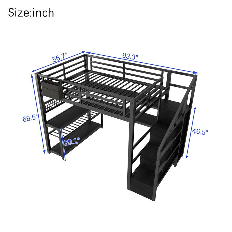 Roomfitters Full Metal Loft Bed, L-Shaped Desk and LED Staircase Wardrobe with Charging Station for Girls Bedroom