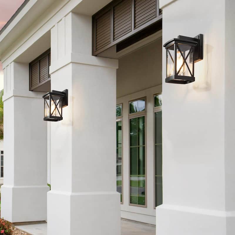 Set of 2 Modern Farmhouse Black Outdoor Wall Wall Sconces Glass Lantern Lamps - L6'' x W7'' x H11''