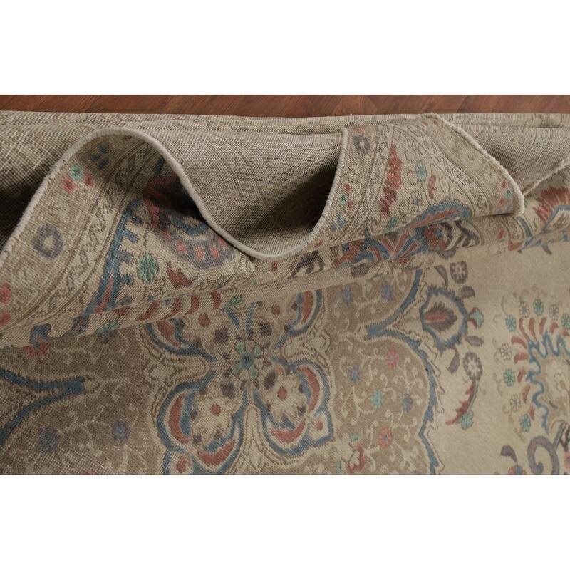 Medallion Tabriz Persian Area Rug Beige Hand-Knotted Wool Carpet - 9'5"x 12'3"