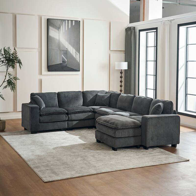 Grey 118.1'' Luxurious U-Shaped 6-Seat Sectional Sofa with Ottoman and 3 Throw Pillows, Durable Corduroy Upholstery
