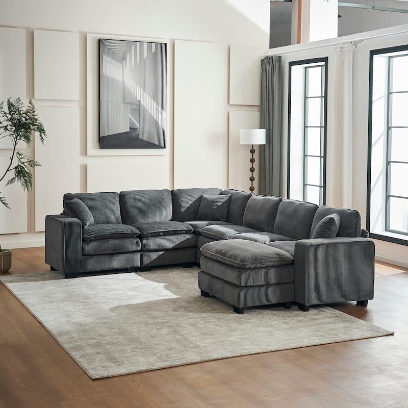 Modern U-Shaped 6-seat Modular Sectional Sofa with 1 Ottoman & 3 Toss Pillows