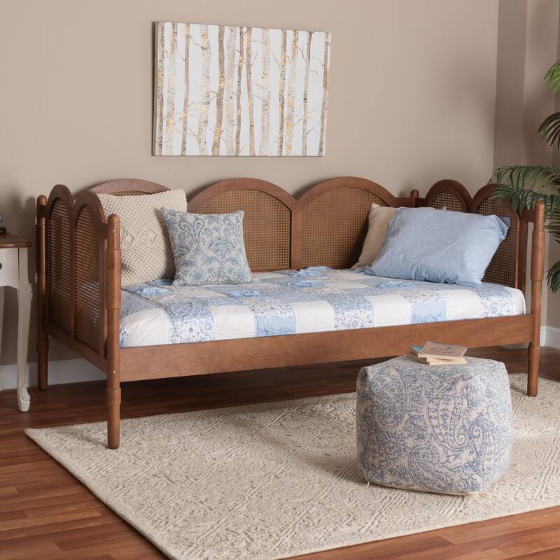 Carmiya Scalloped Daybed - Twin Size Wood Frame with Rattan Panels, Arched Boho Coastal Style Bed for Living Room or Bedroom