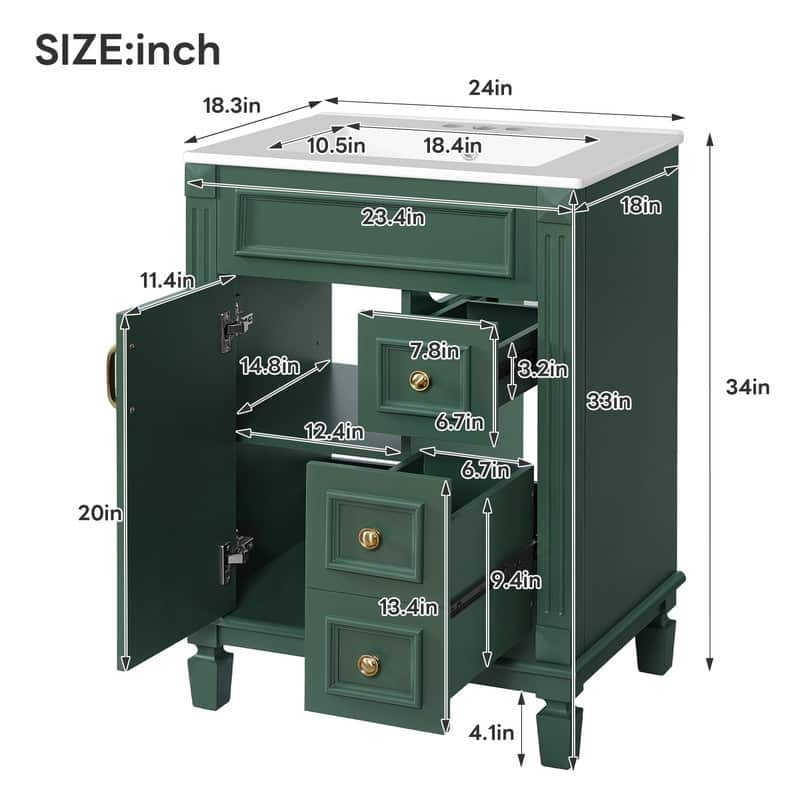 24" Bathroom Vanity with Ceramic Sink, 2 Drawers and Adjustable Shelf