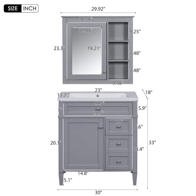 30'' Bathroom Vanity Set with Mirror Cabinet, Freestanding Bathroom Storage Cabinet with 2 Drawers and a Tip-out Drawer