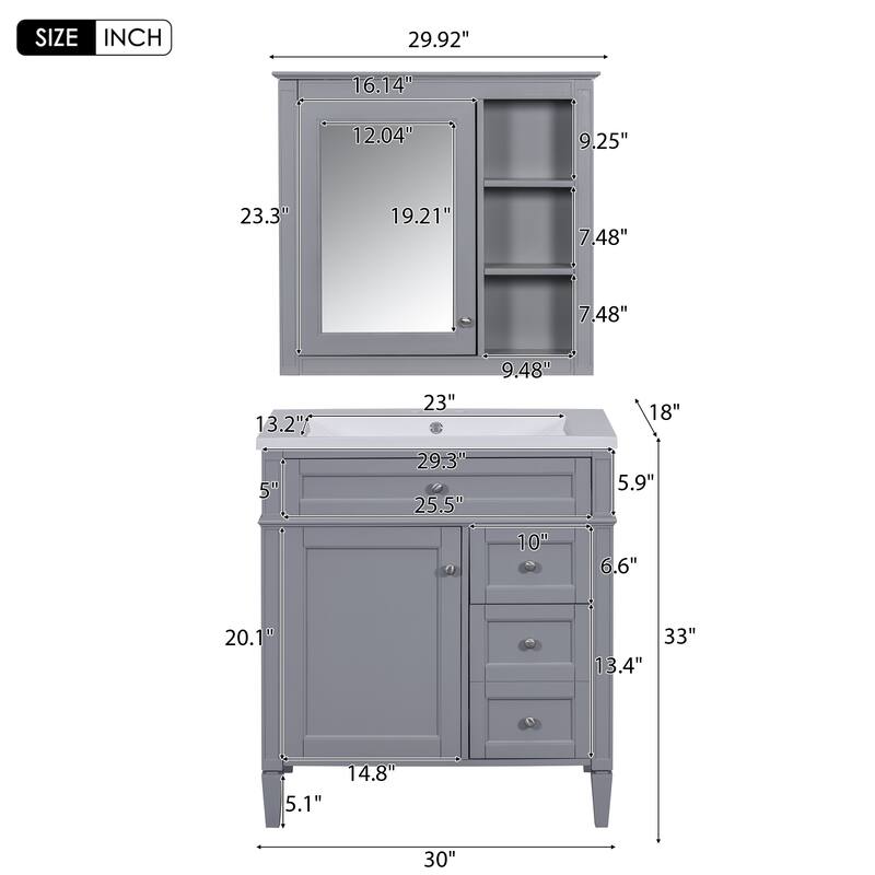 GDFStudio - Montvale Modern Freestanding Bathroom Vanity Set with Mirror Cabinet, Resin Sink & a Tip-out Drawer - 30'W