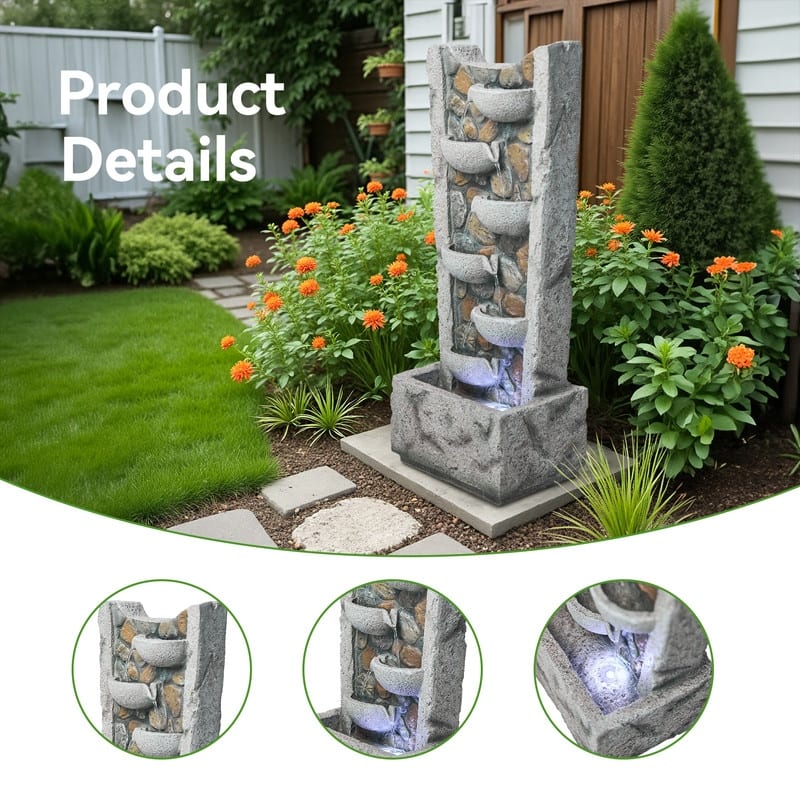 Outdoor 6-Tier Cascading Bowl Fountain in Marble-Style Resin with LED Lights – Elegant and Durable
