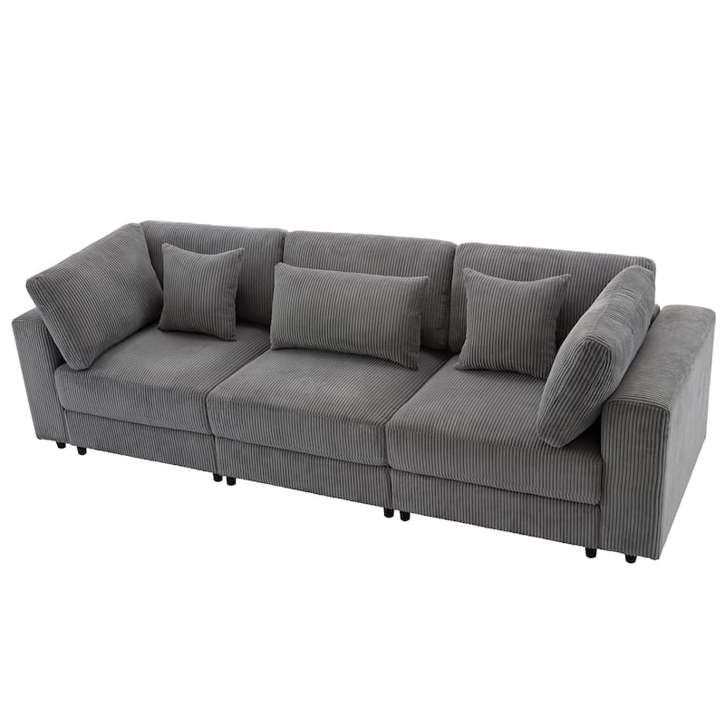 Gray 105" Corduroy 3-Seater Sofa with Removable Back Cushions and Pillows