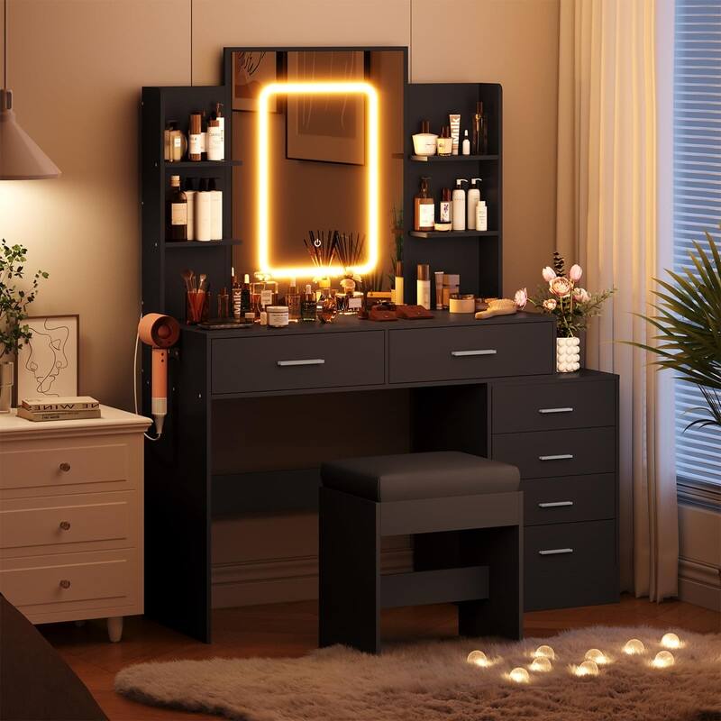 Makeup Vanity with Mirror, 6 Drawers, Shelves, Charging Ports, Hairdryer Holder, Stool