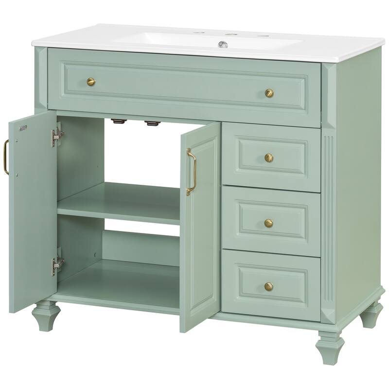 Merax Solid Wood Bathroom Vanity with Sink, Flip Drawer, 3 Drawers & 2 Doors