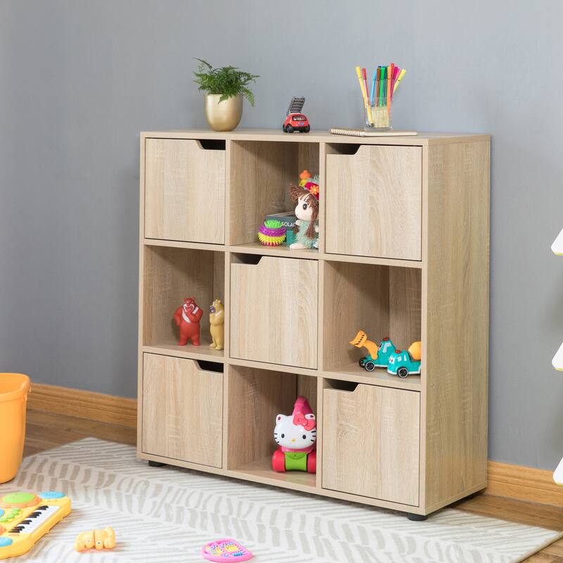 9-cube Oak Organizer with 5 Enclosed Doors and 4 Shelves