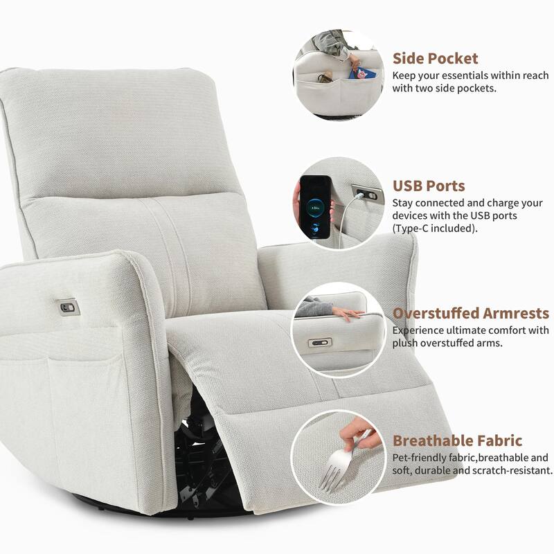 270° Swivel Electric Recliner Chair - Power Rocker for Small Spaces, Living Room & RV (Fabric)