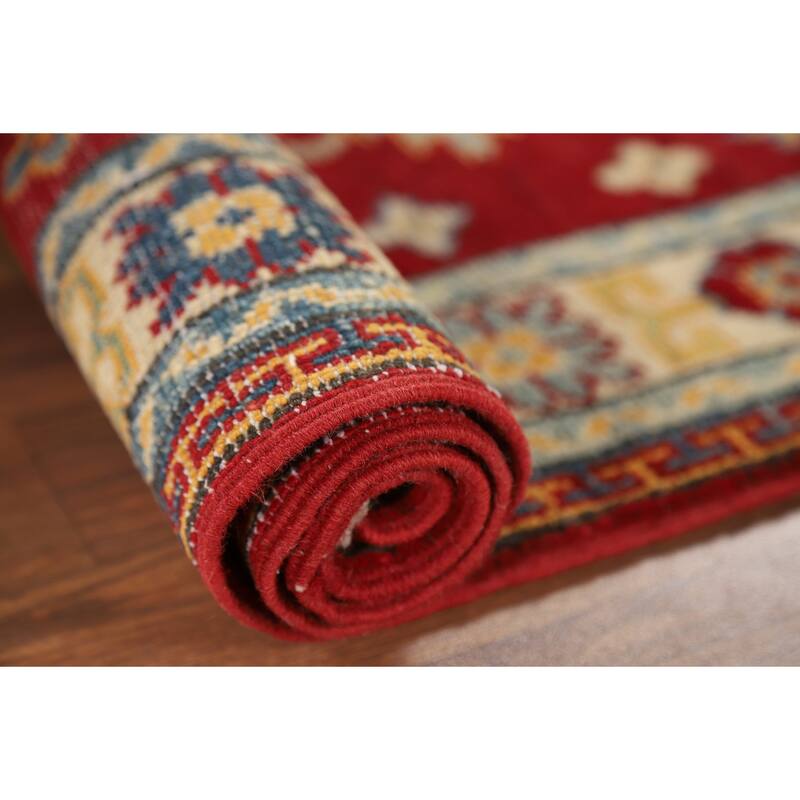 Geometric Red Kazak Oriental Foyer Rug Hand-Knotted Wool Carpet - 2'7" x 4'1"