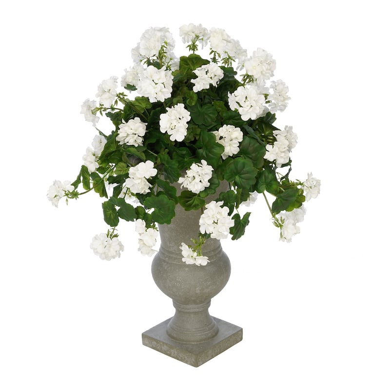 Faux White Geranium in Grey Roman Urn