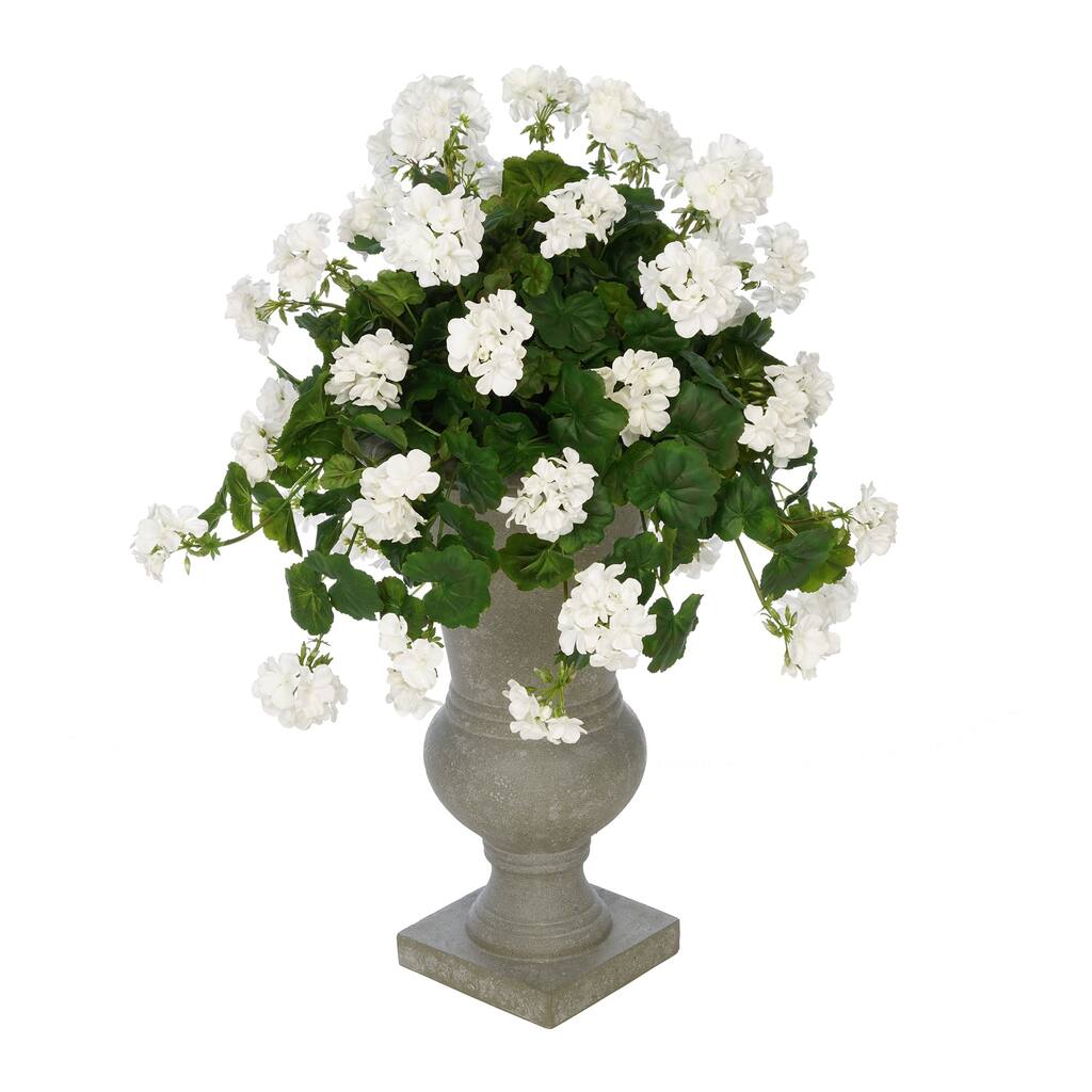 Faux White Geranium in Grey Roman Urn