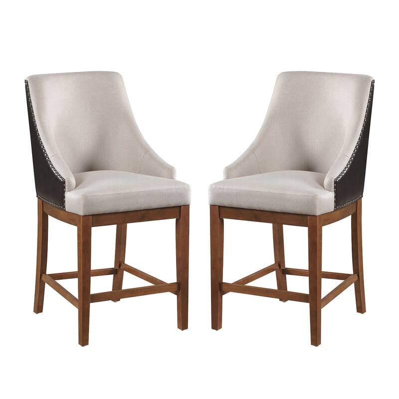 Set of 2 Upholstered Counter Height Chairs with Nailhead Trim in Brown and Beige - Brown/Beige - Set of 2