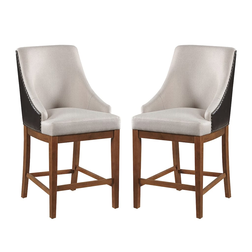 Set of 2 Upholstered Counter Height Chairs with Nailhead Trim in Brown and Beige