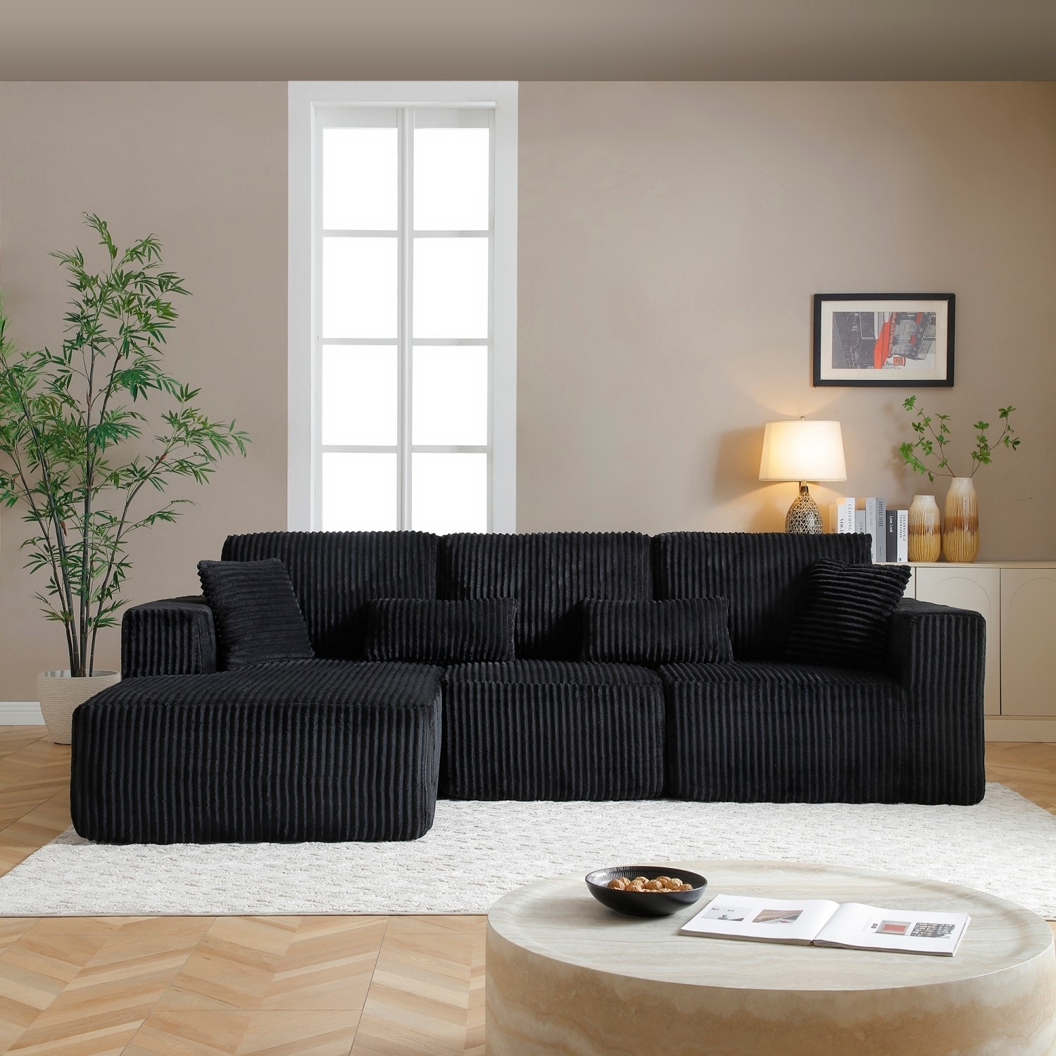 109" L-Shaped Corduroy Boneless Sectional Sofa with Pillows and Chaise