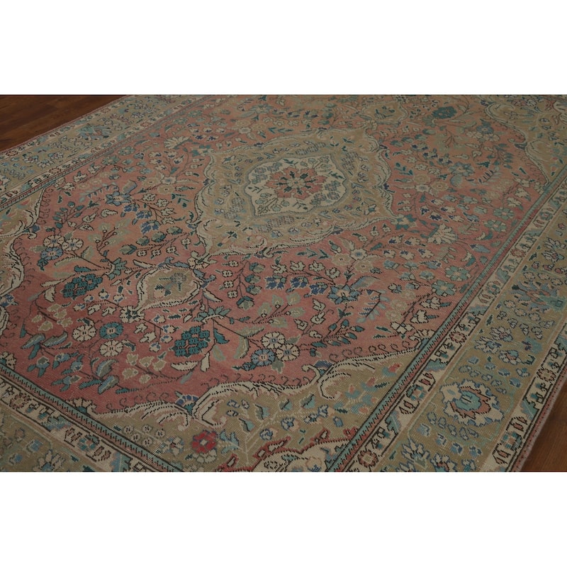 Hand Knotted Oriental 100% Wool Carpet Traditional Floral Pink Tabriz Area Rug - 9' 2'' X 6' 6''