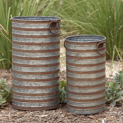 Grey / Brown Striped Iron Metal Rustic Farmhouse Cylinder Planter (Set of 2) - S/2 20" 16"H