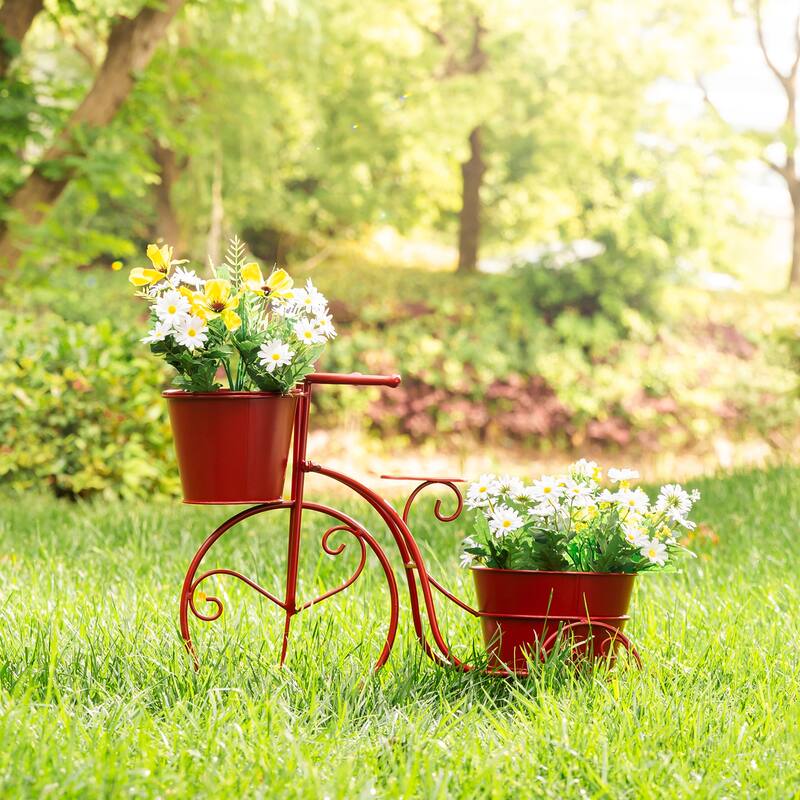 Glitzhome 21.5"L Spring Farmhouse Metal Bicycle Planter Stands Flower Pot Cart