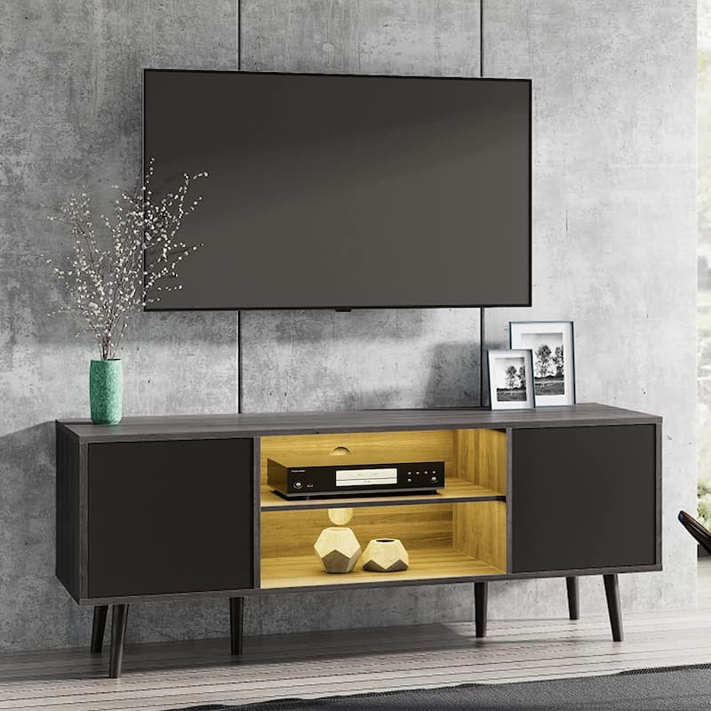 WAMPAT Black/ Brown Mid-century Modern TV Stand