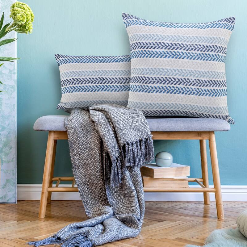 Handwoven Coastal Chevron Throw Pillows - 18" - Blue and Cream - Set of 2