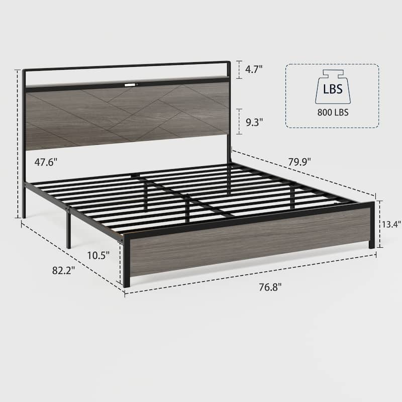 Wood Platform Bed with storage LED Light Headboard and 2 USB