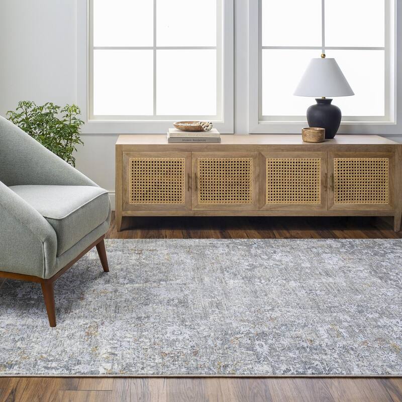 Field Mid-Century Modern Abstract Area Rug - 7'10" Round - Medium Gray/Gray/White/Light Slate/Mustard/Rust