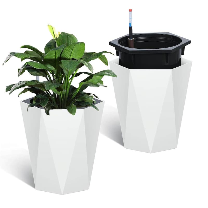 16" Set of 2 Self-Watering Planter Pots for Patio, Porch, Garden, Indoor Outdoor - White