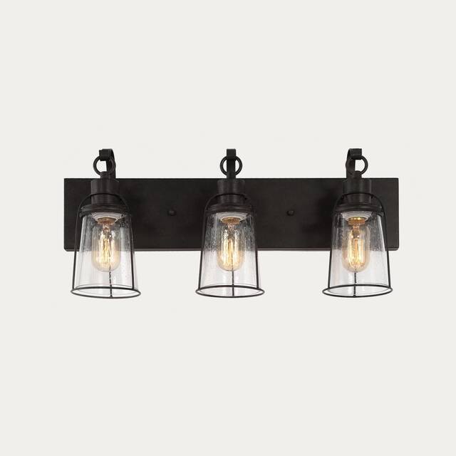 Farmhouse 3-Light Bronze Bathroom Vanity Lights Metal Cage Wall Sconces with Seeded Glass - 22" L x 6" W x 10" H