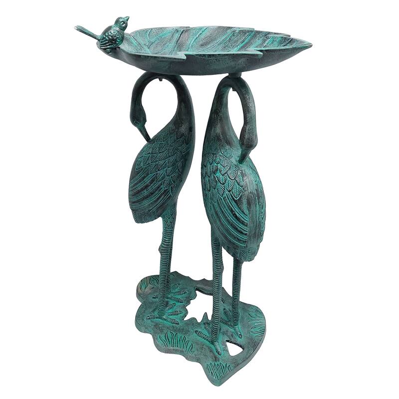 Cast Aluminum 30-in Twin Crane Bird Bath with Leaf Bowl - Blue