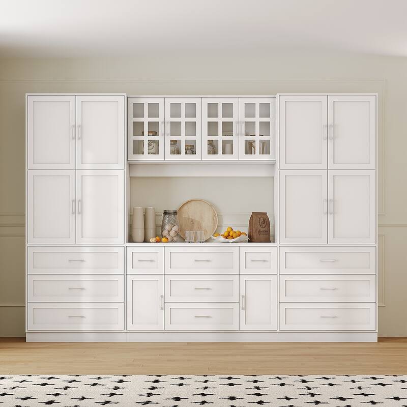 Multi-Functional White Kitchen Storage Cabinet with Drawers and Glass Doors, MDF & Metal Hardware