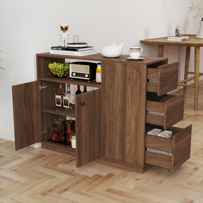 39.37" Kitchen Cabinet Sideboard Storage with 2 Glass Sliding Doors and 3 Drawers