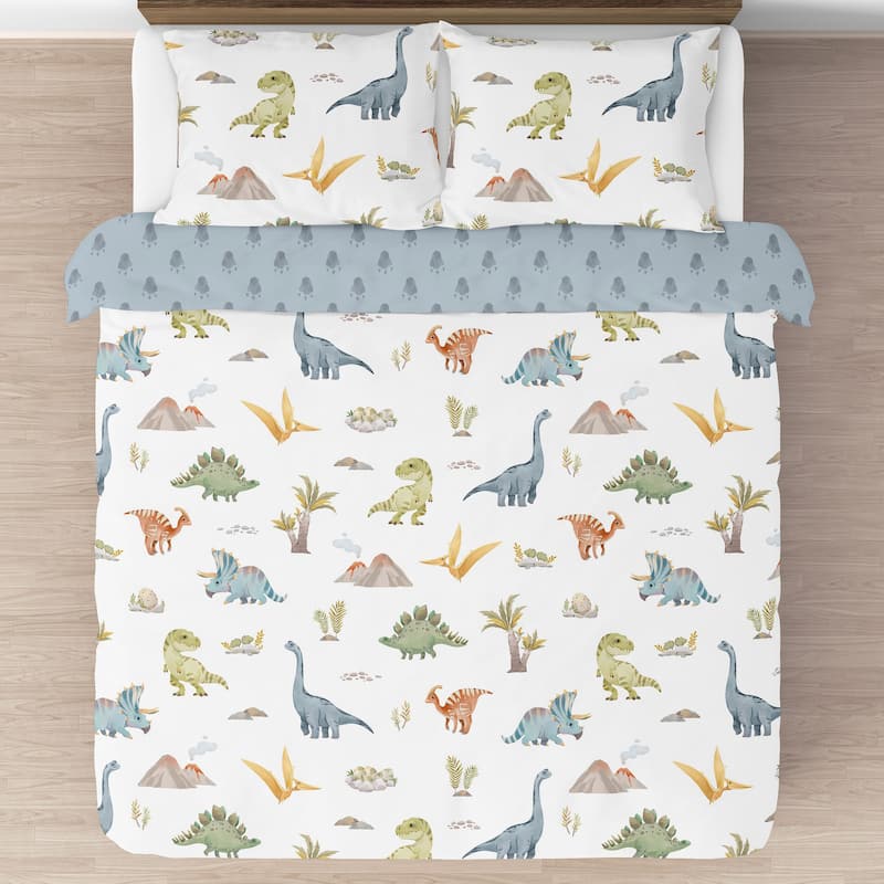 Sweet Jojo Designs Watercolor Dinosaur Dino Boy 3pc Full/Queen Comforter Set Green Blue White Modern Jurassic Nature Animal Tan