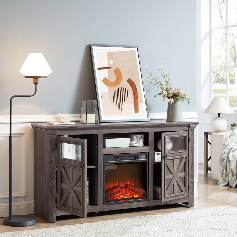 Farmhouse TV Stand, Media Stand With Fireplace Insert, Barn Design, and Adjustable Shelves, for Living Rooms and Bedrooms, Grey