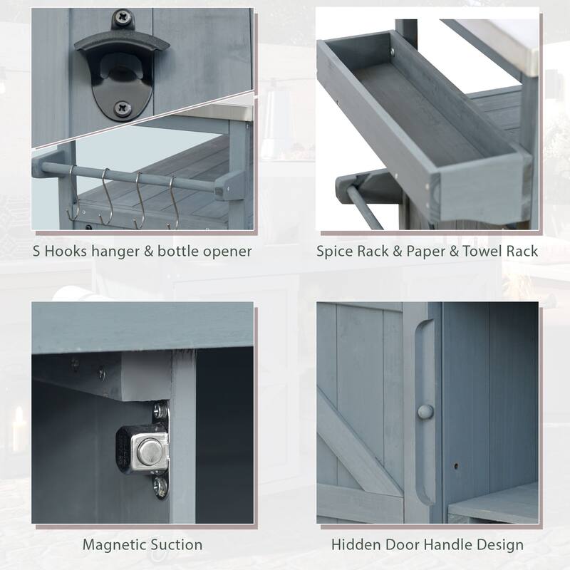 Farmhouse Outdoor Kitchen Island, Rolling Bar Cart & Storage Cabinet with Stainless Steel Top, Spice Rack & Towel Rack