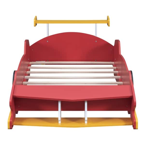 slide 2 of 15, Red Twin Size Wood Race Car-Shaped Platform Bed with Wheels Red - Twin