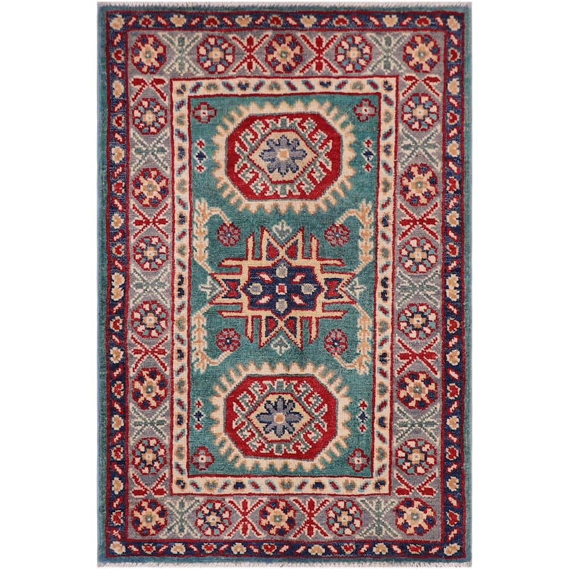 Tribal Kazak Shea Green/Gray Wool Rug - 2'0'' x 3'0''
