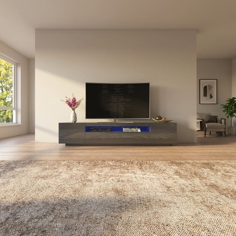 Meble Furniture Miami 79" TV Stand with LED Lighting System, Hi-Gloss Entertainment Console for up to 85" TVs