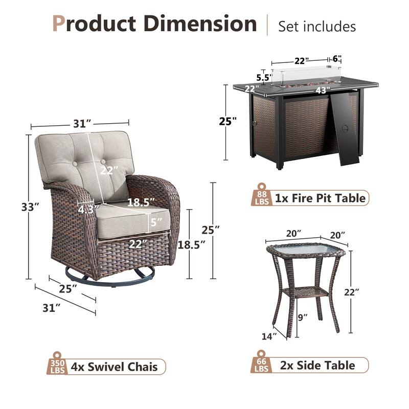 Pocassy Outdoor 43 In Fire Table with Sofa Patio Swivel Chair Set